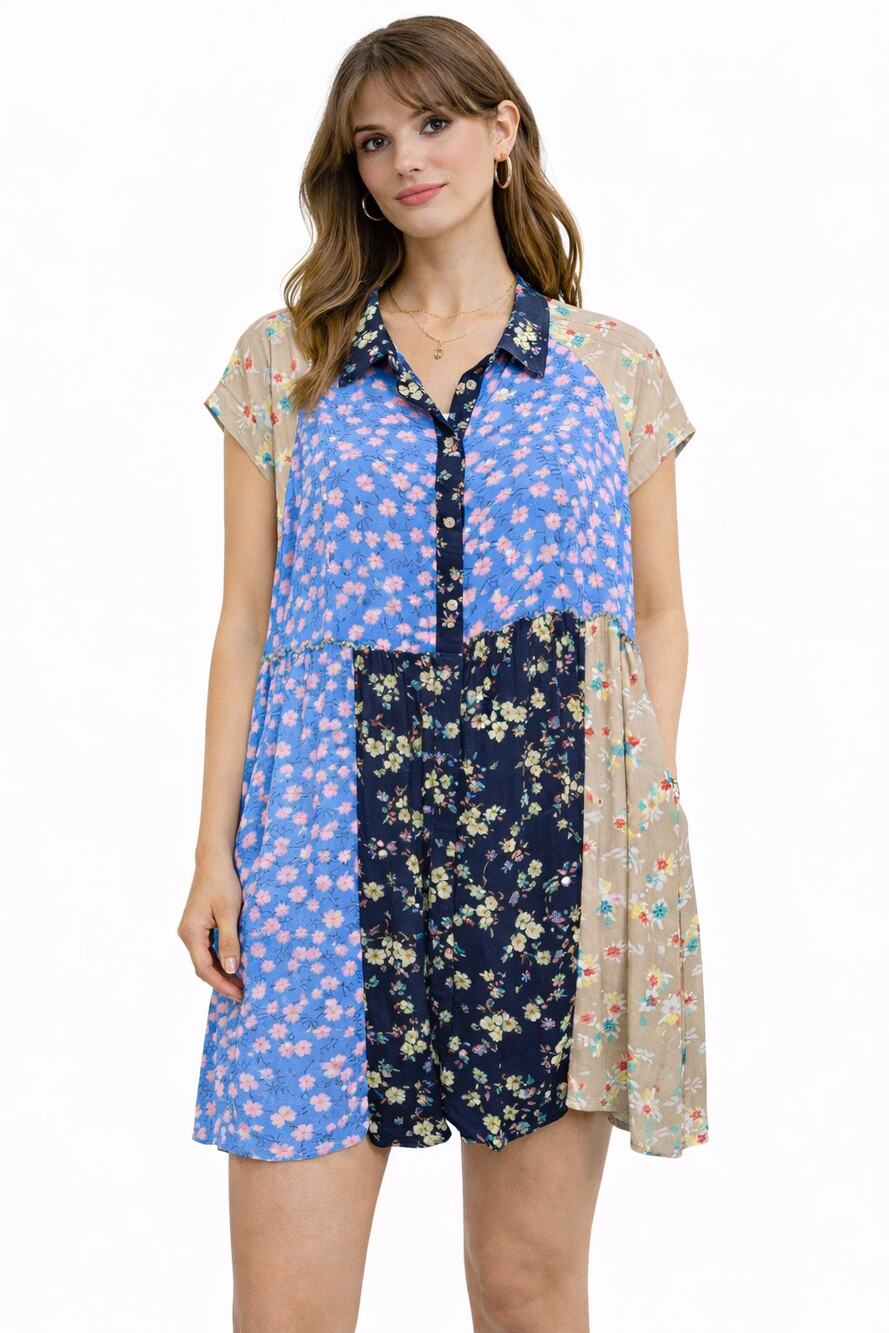 Easel Sz M Oversized Patchwork Floral Boho Button Up Babydoll Shirt Tunic Dress